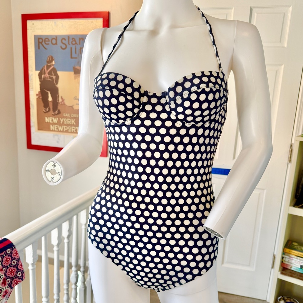 J. Crew Navy and White Polka Dot Swimsuit (size 2) - Picture 3 of 13